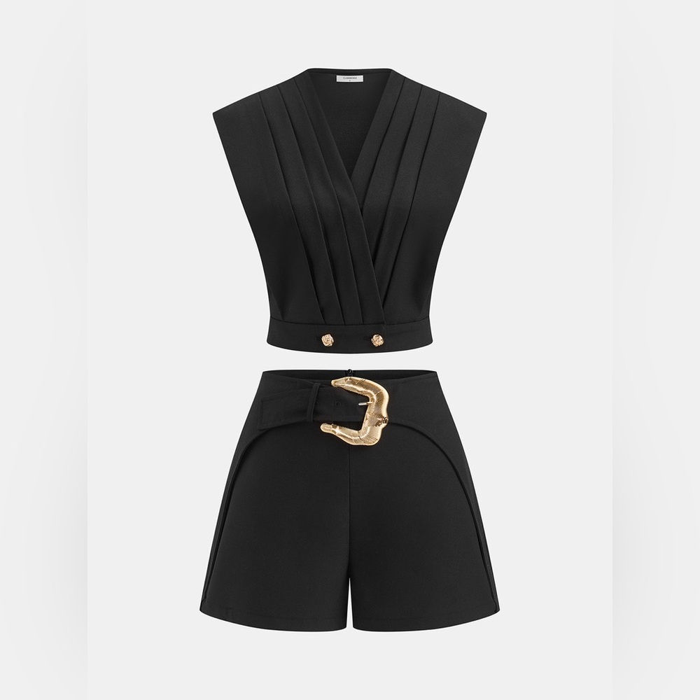 Commense Pleated Top & Buckle Shorts Set